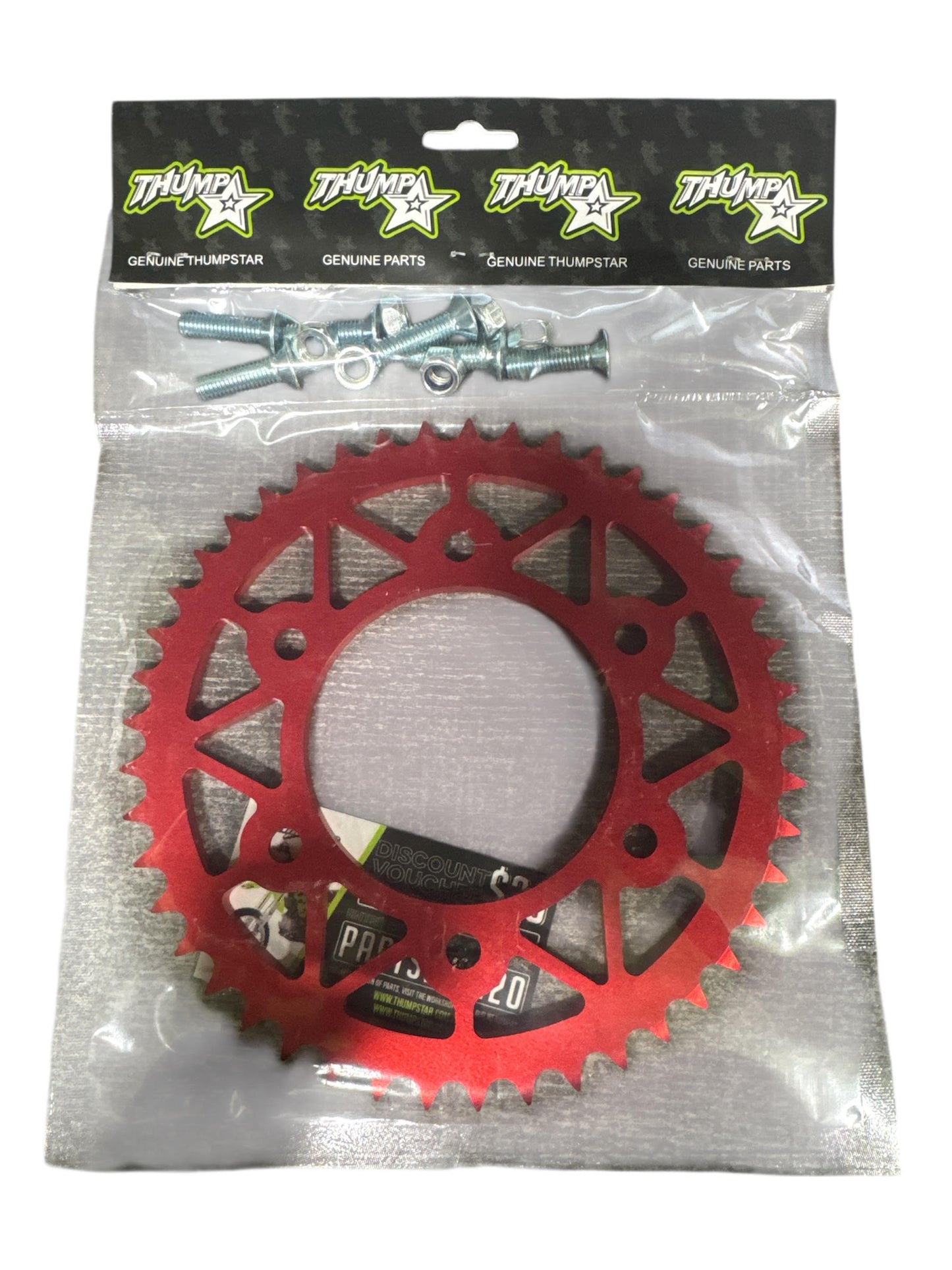 45-tooth CNC machined red rear sprocket for V5 model mini bike, part number TS-7768R