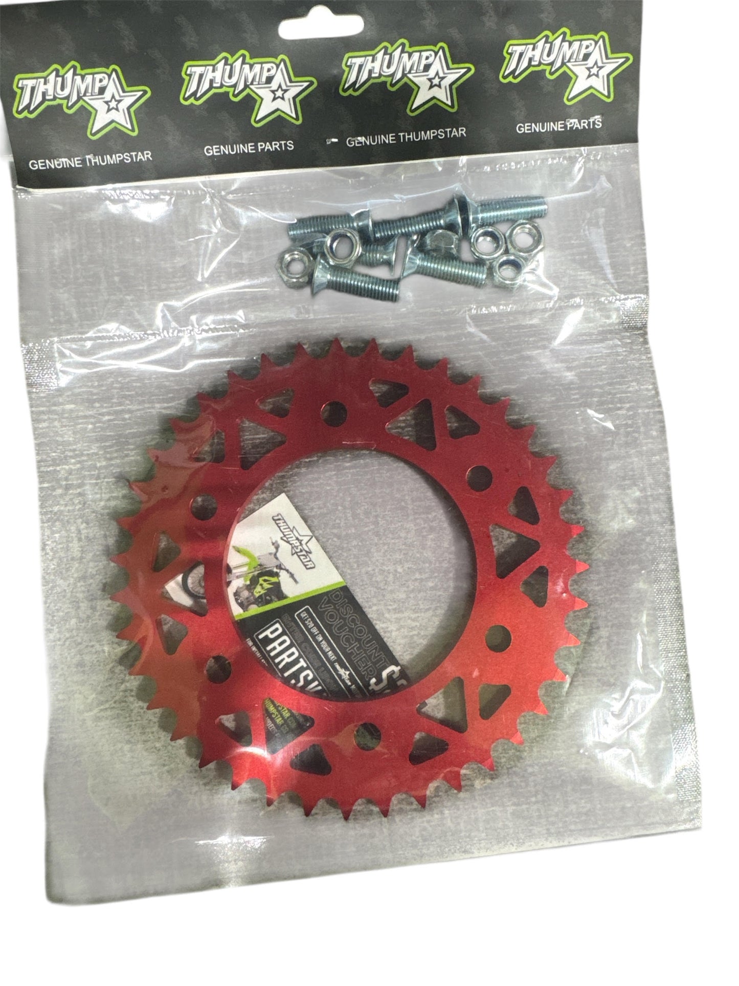39-tooth CNC machined red rear sprocket for V5 model mini bike, part number TS-7765R