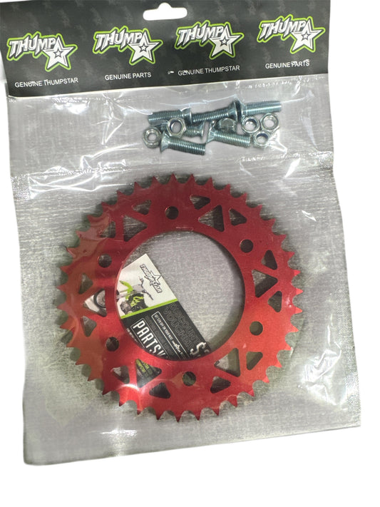 39-tooth CNC machined red rear sprocket for V5 model mini bike, part number TS-7765R