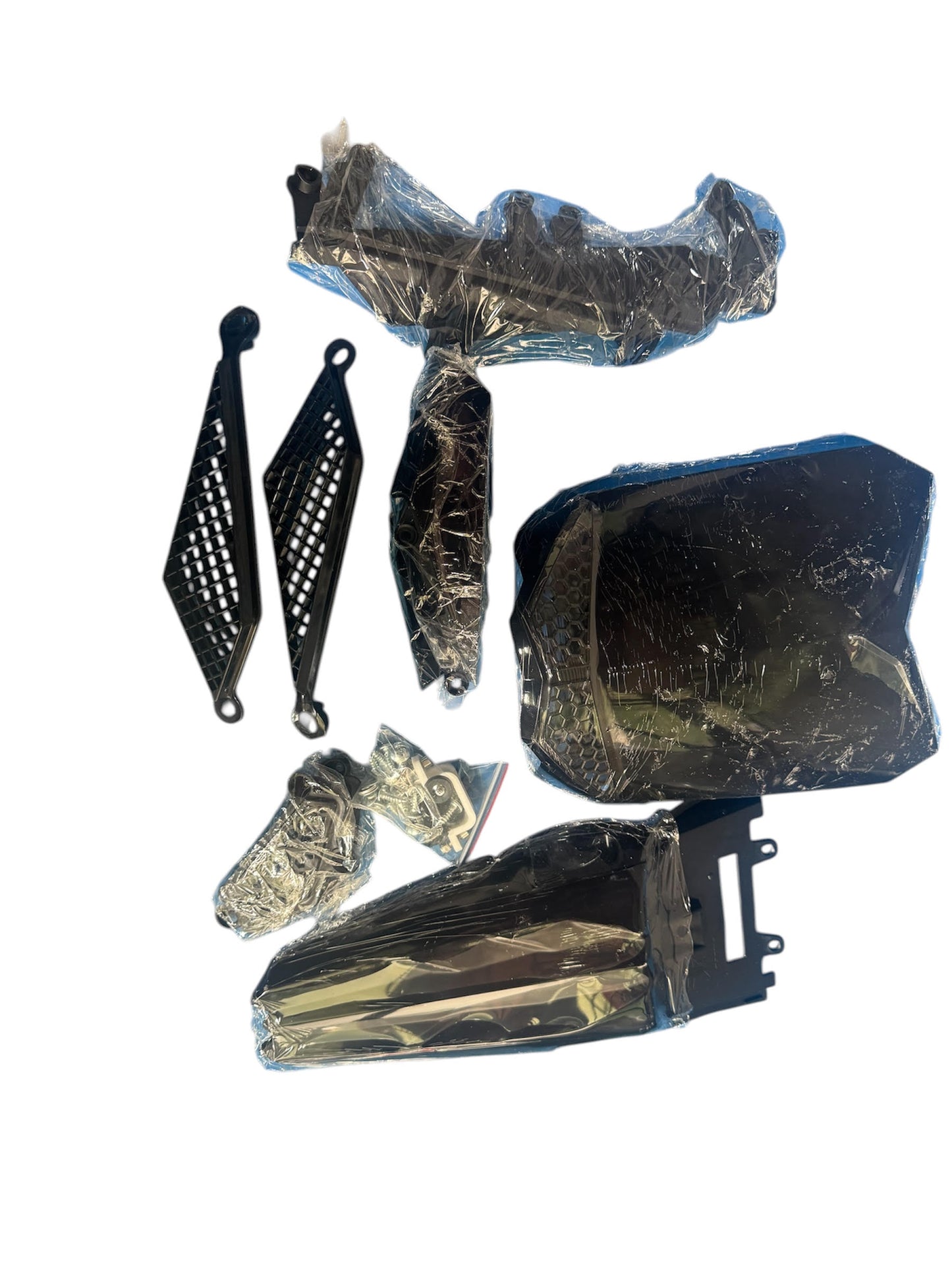 S4 plastics kit for TSK70 dirt bike with separate graphics decals, full set of uninstalled body panels.